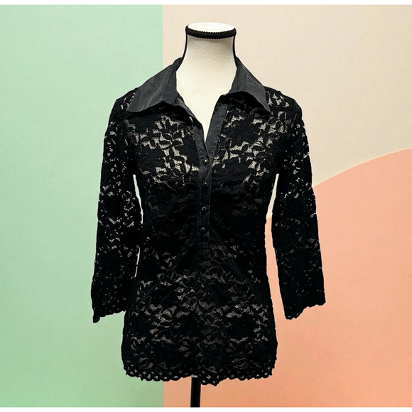 Vintage Cache Sheer Lace Collared Blouse Silk Trim Size L Y2k Grunge Classic - Picture 1 of 8